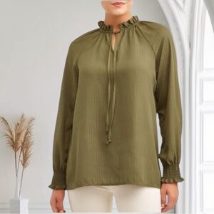 Ruffle Tie Neck Blouse Long Sleeve Dress Career Sage Olive Green Size Medium